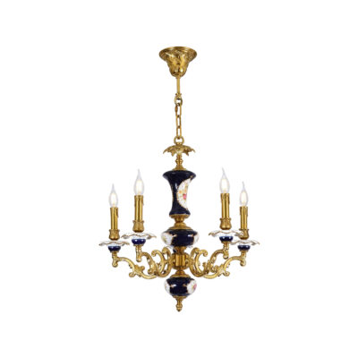 Angelica Classic 5-Light Chandelier in Brass with Blue Painted Core Ceramic Detail