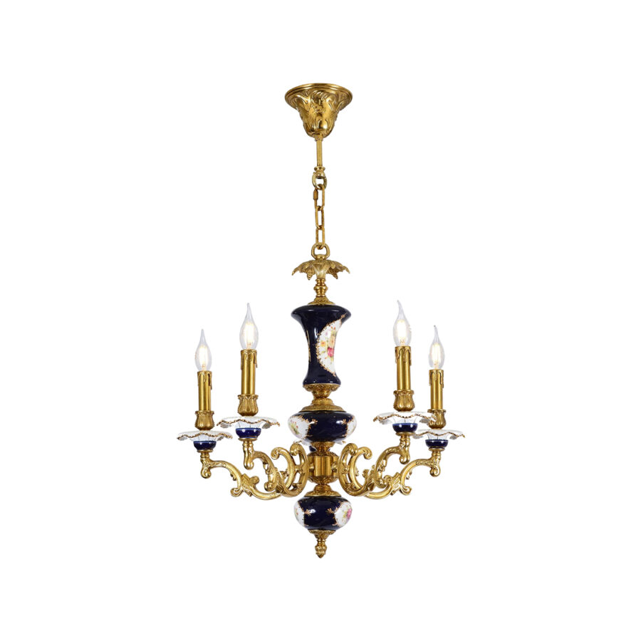 Angelica Classic 5-Light Chandelier in Brass with Blue Painted Core Ceramic Detail