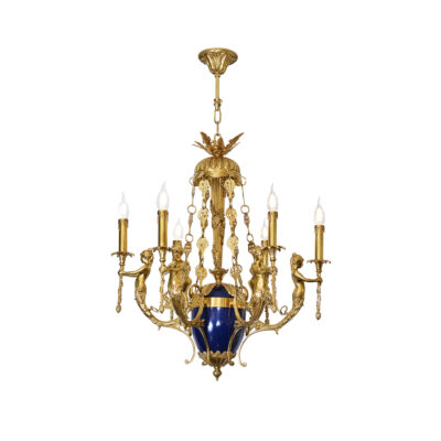 Angélique Ornate 6-Light Chandelier in Brass and Blue Ceramic with Cherub Details