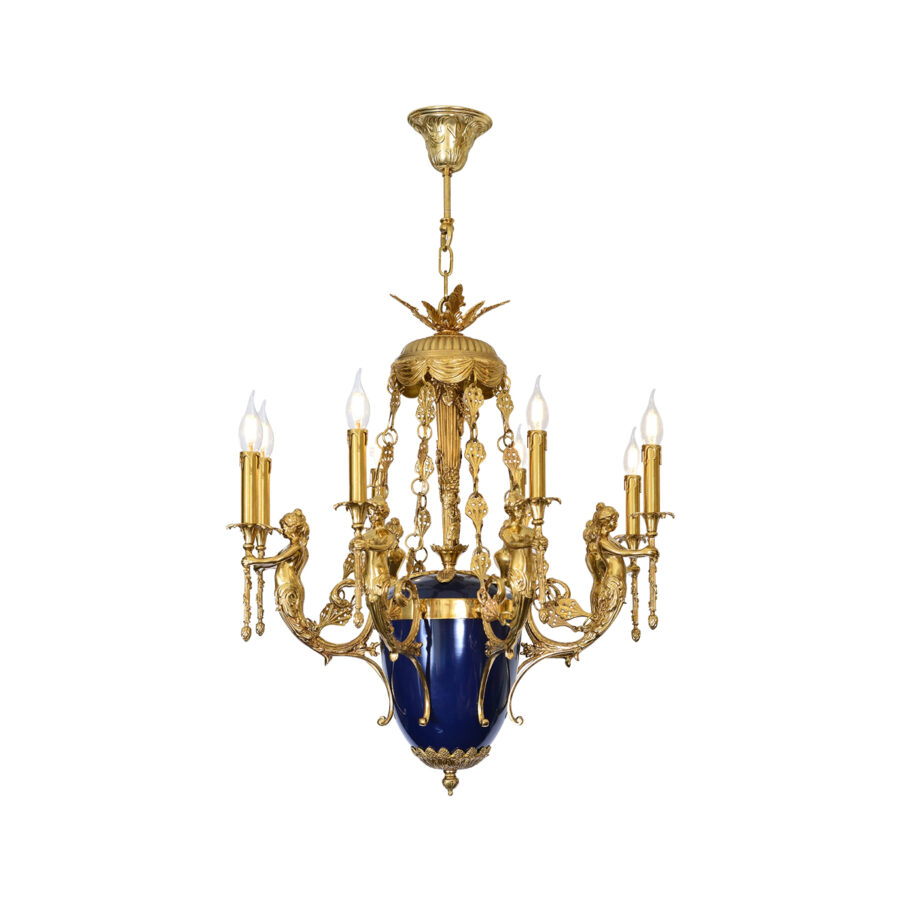 Angélique Ornate 8-Light Chandelier in Brass with Blue Ceramic and Cherub Details