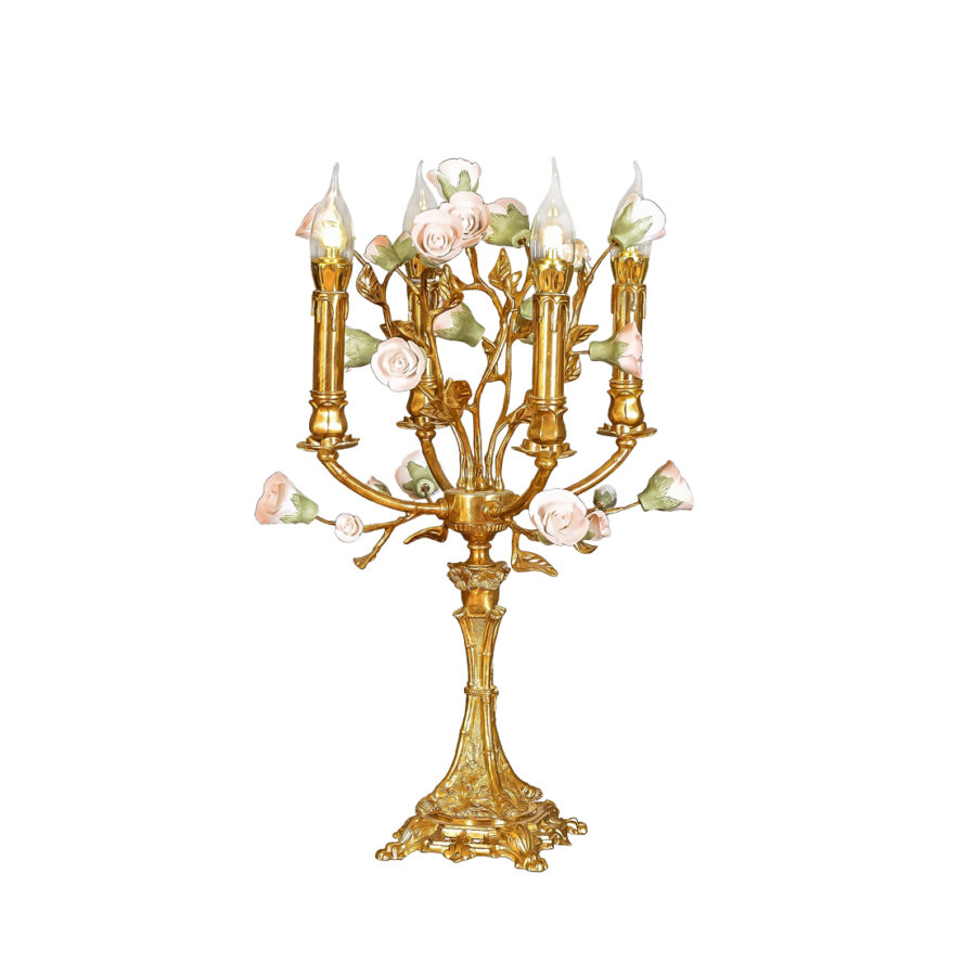 Arielle Elegant Floral Candle Style 4-Light Table Lamp in Brass with Ceramic Flowers