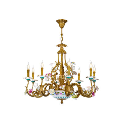 Arielle Baroque Floral 8-Light Chandelier in Colourful Brass and Ceramics