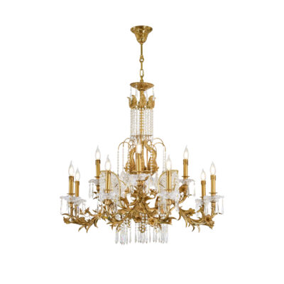 Audette Floral Tiered 12-Light Chandelier in Brass and Crystal