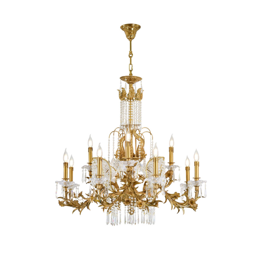 Audette Floral Tiered 12-Light Chandelier in Brass and Crystal