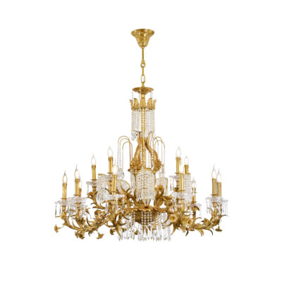 Audette Elegant Tiered 15-Light Chandelier in Brass and Crystal Flower Design