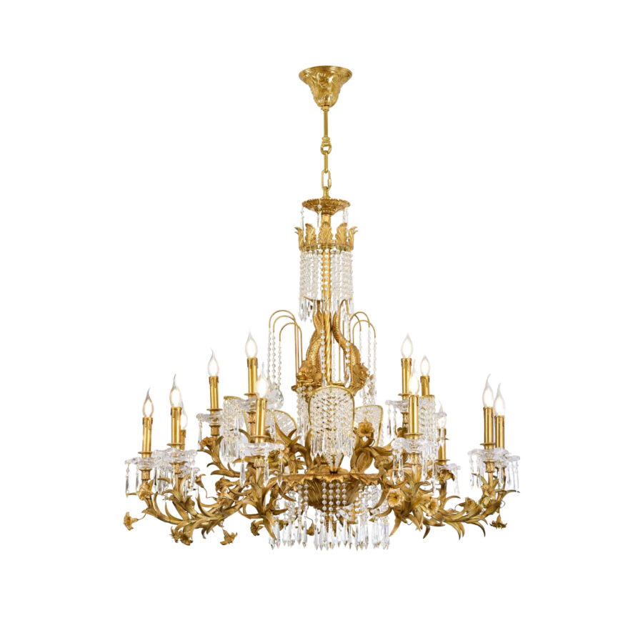 Audette Elegant Tiered 15-Light Chandelier in Brass and Crystal Flower Design