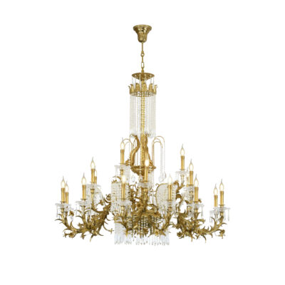 Audette Exquisite 21-Light Tiered Chandelier in Brass and Crystal Flower Design