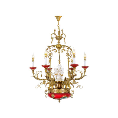 Aurore Baroque 6-Light Chandelier in Brass and Red Ceramics with Cherubs