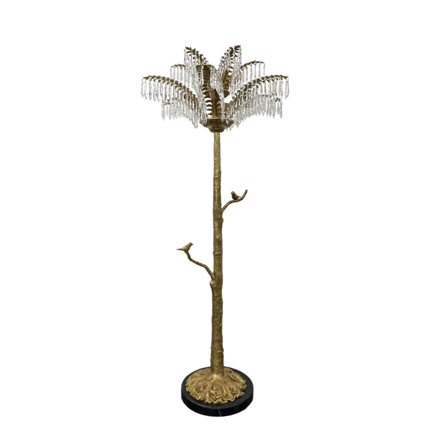 Azélie Exquisite 12-Light Floor Lamp in Brass with Crystal Palm Tree and Bird Figurines