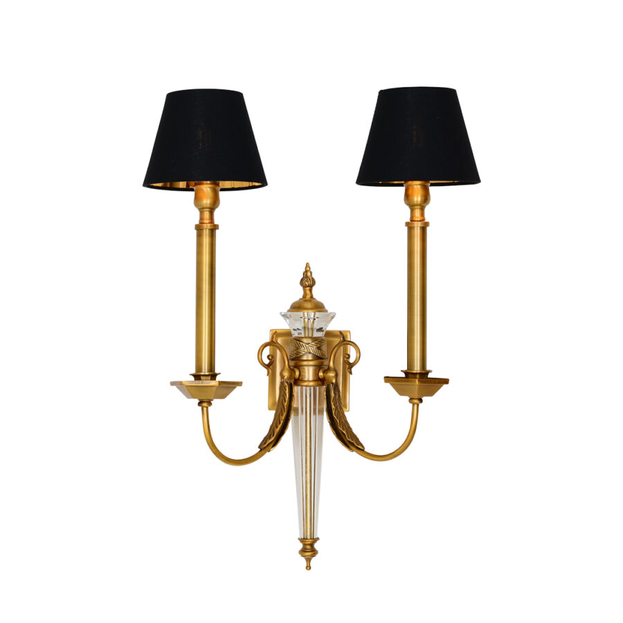 Bernice Elegant 2-Light Wall Lamp with Crystal Accents and Black Shades in Brass