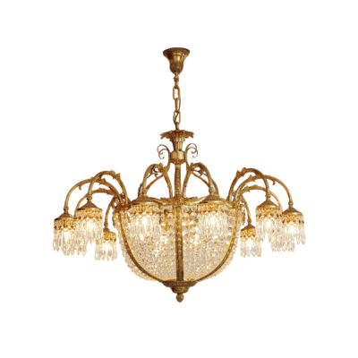 Clarice Timeless Elegance 18-Light Chandelier in Brass and Crystal with Inverted Arms and Crystal Dome