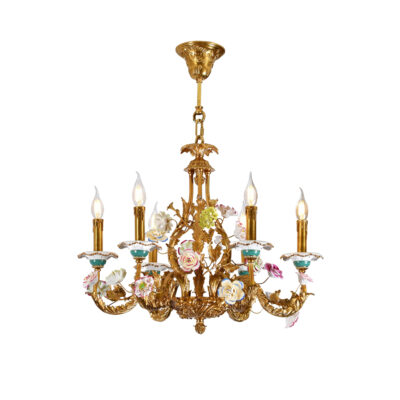 Clarimond Floral Ceramics 6-Light Chandelier in Brass and Ceramic Flowers