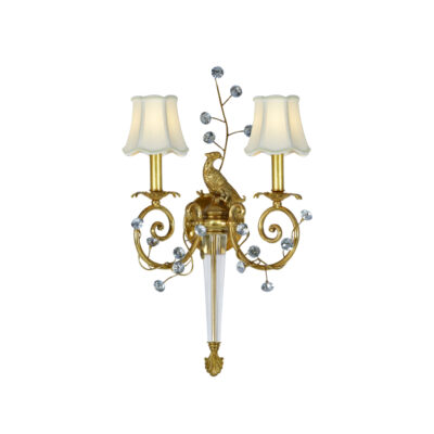 Delphia Regal Peacock 2-Light Wall Lamp in Brass with Crystal Gemstones and Cloth Covers