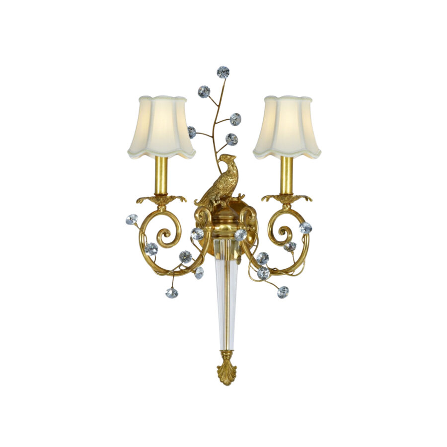 Delphia Peacock-Inspired 2-Light Wall Lamp in Brass, Crystal, and Cloth Cover