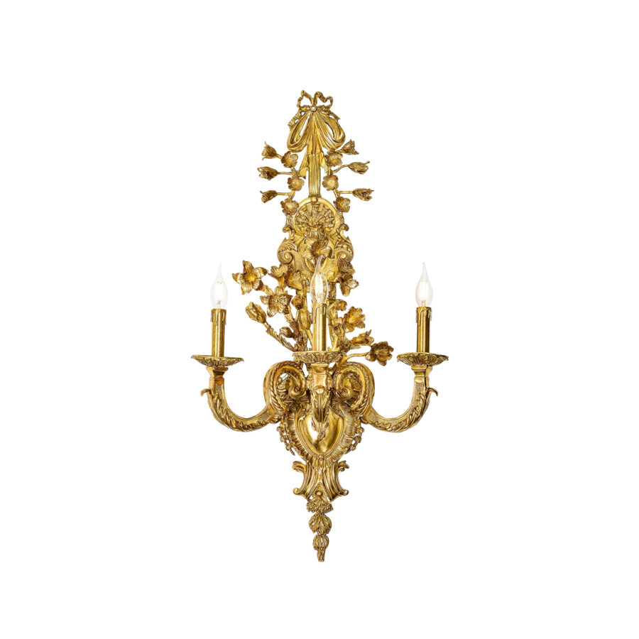 Delphina Ornate Brass 3-Light Wall Lamp with Brass Flowers and Scroll Wall Plate