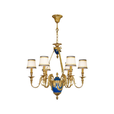 Delphine Elegant 6-Light Chandelier in Brass with Blue Urn and White Fabric Shades