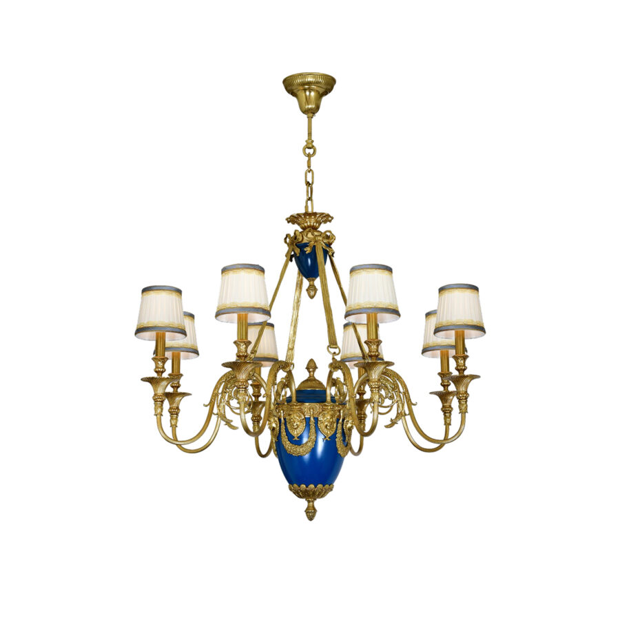 Delphine Graceful 8-Light Chandelier in Brass with Blue Urn and White Fabric Shades