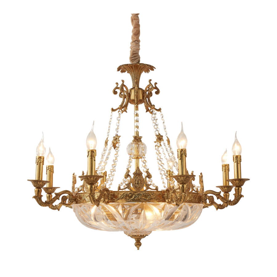 Desirée Luxurious 12-Light Chandelier in Brass with Crystal Chains and Glass Bottom Cover