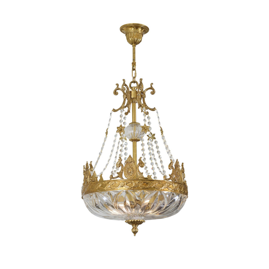 Desirée Ornate 3-Light Chandelier with Crystal Base and Chains in Brass and Glass