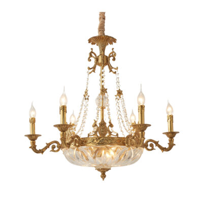 Desirée Elegant 9-Light Chandelier in Brass with Crystal Base and Chains