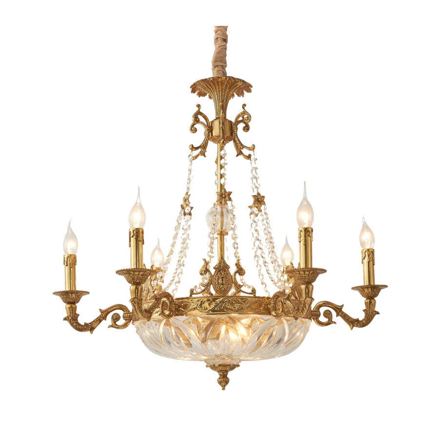 Desirée Elegant 9-Light Chandelier in Brass with Crystal Base and Chains