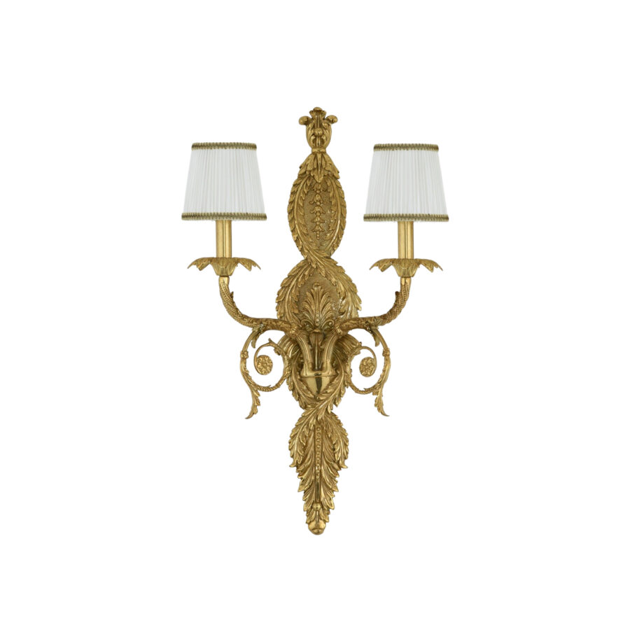 Dorothée Ornate Wall Lamp with 2 Lights in Brass and White Shades