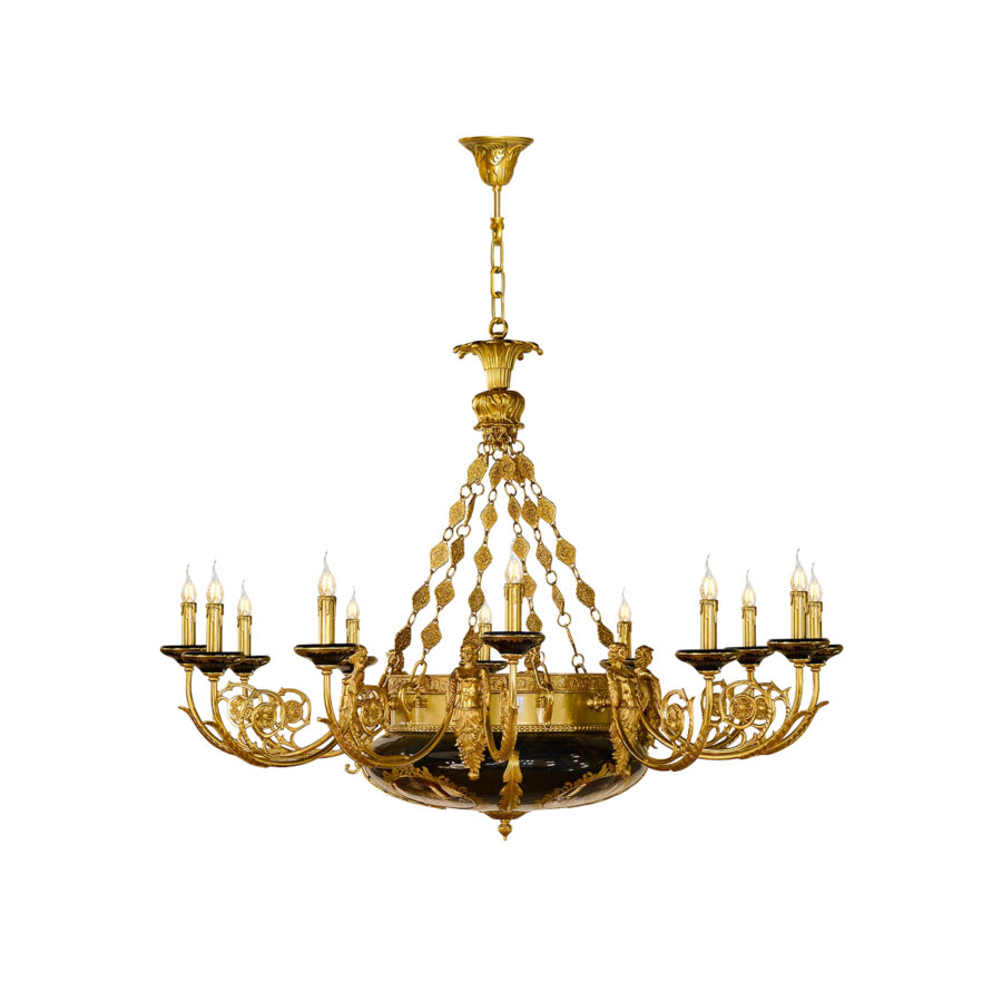 Éliane Exquisite 12-Light Chandelier in Brass with Black Ceramic Bottom and Figurine Accents