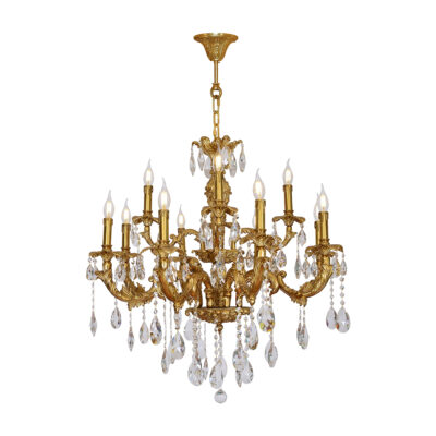 Éloise Regal 12-Light Chandelier in Brass with Crystal Tear Drops