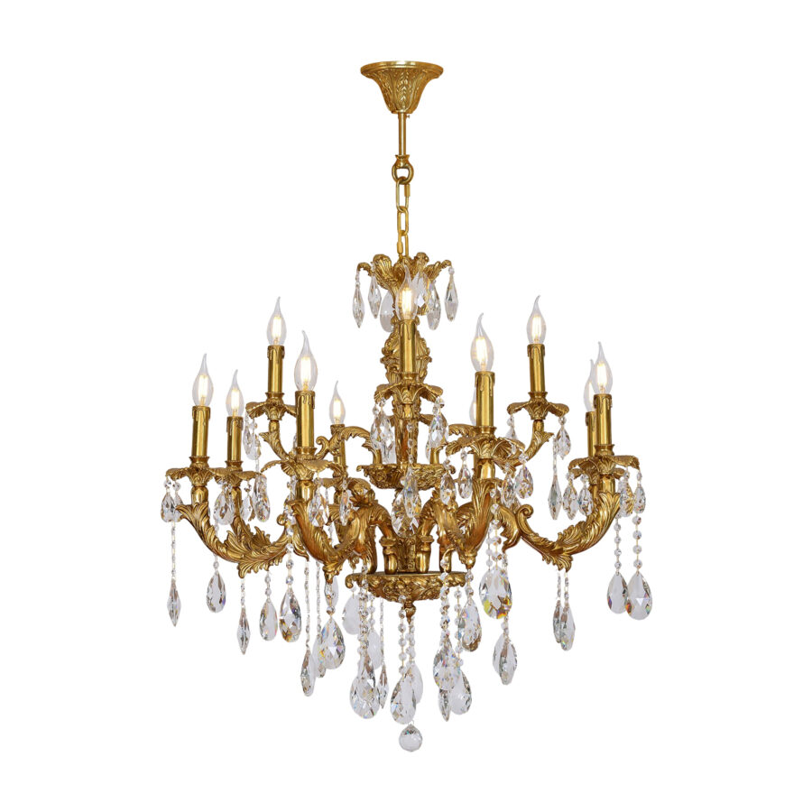 Éloise Regal 12-Light Chandelier in Brass with Crystal Tear Drops