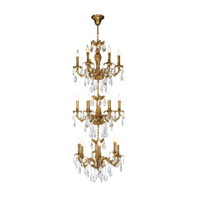 Éloise Grand Three-Tier 18-Light Chandelier in Brass and Crystal Tear Drops