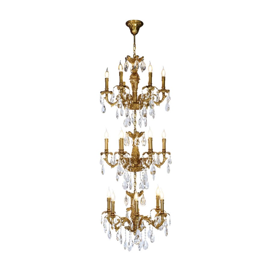 Éloise Grand Three-Tier 18-Light Chandelier in Brass and Crystal Tear Drops