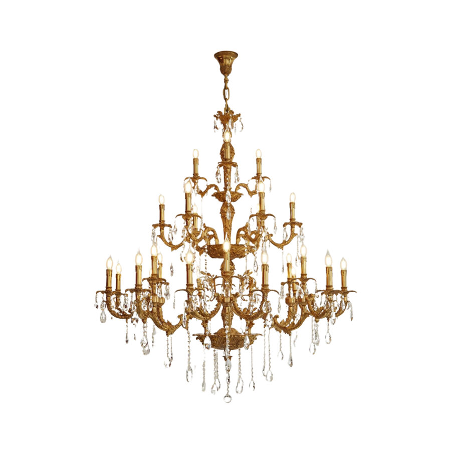 Éloise Grand 3 Tier 27-Light Chandelier in Brass with Crystal Tear Drops