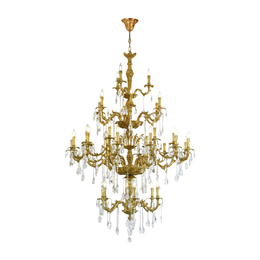 Éloise Grand Four Tier 33-Light Chandelier in Brass and Crystal Tear Drops