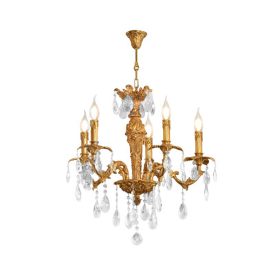 Éloise Ornate 5-Light Chandelier in Brass with Crystal Tear Drops