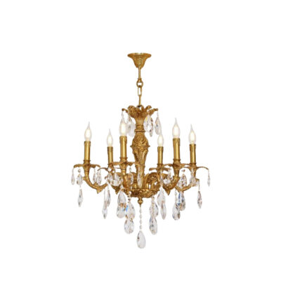 Éloise Ornate 6-Light Chandelier in Brass with Crystal Tear Drops