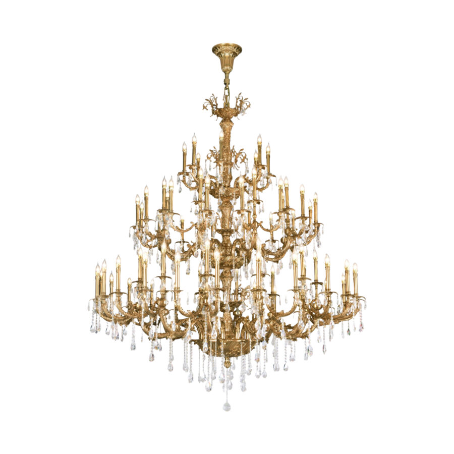 Éloise Grand Three Tier 68-Light Chandelier in Brass with Crystal Tear Drops