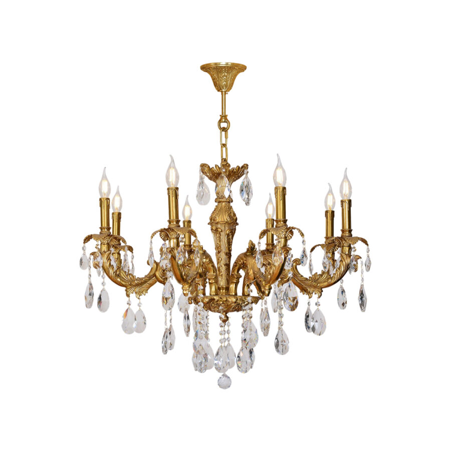 Éloise Regal 8-Light Chandelier in Brass with Crystal Tear Drops