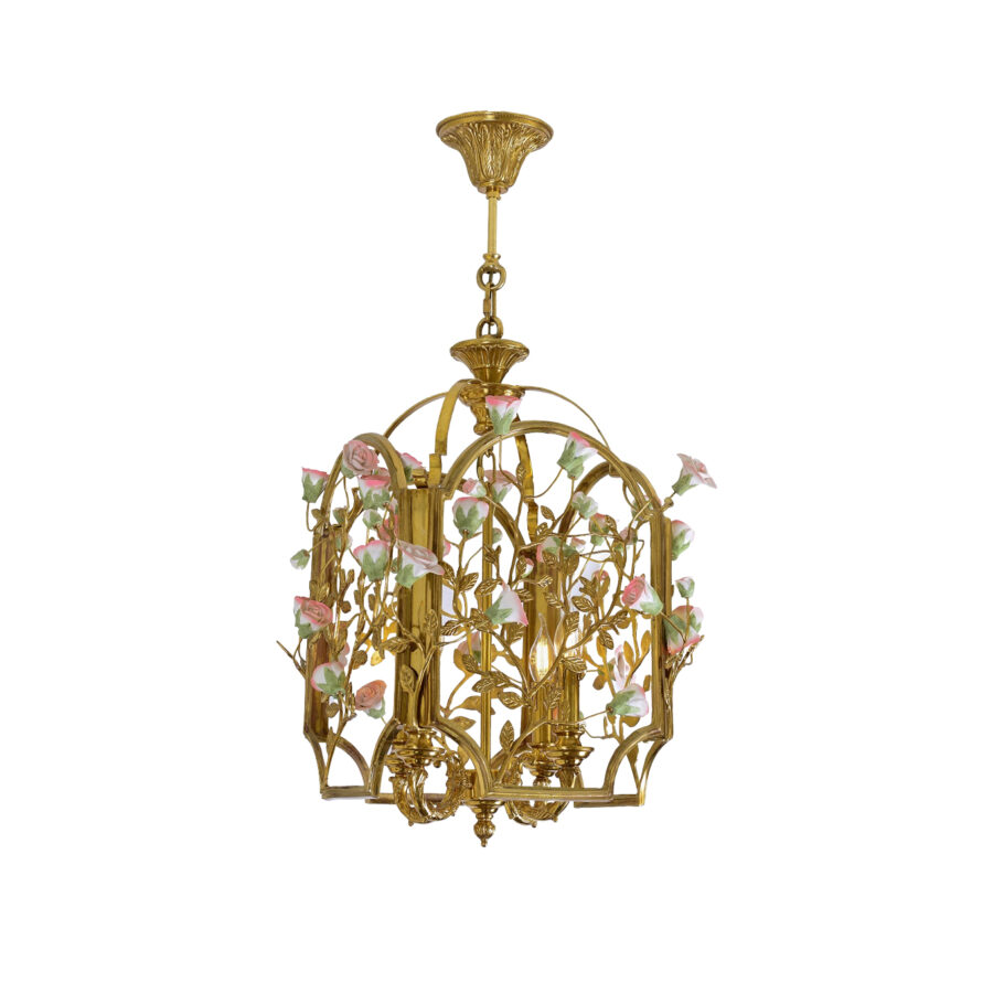 Emeline Floral Elegance 4-Light Pendant in Brass with Ceramic Roses