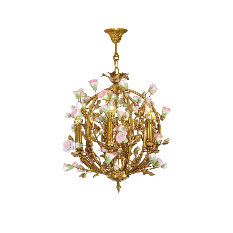 Emeline Floral Elegance 6-Light Pendant in Brass with Ceramic Roses