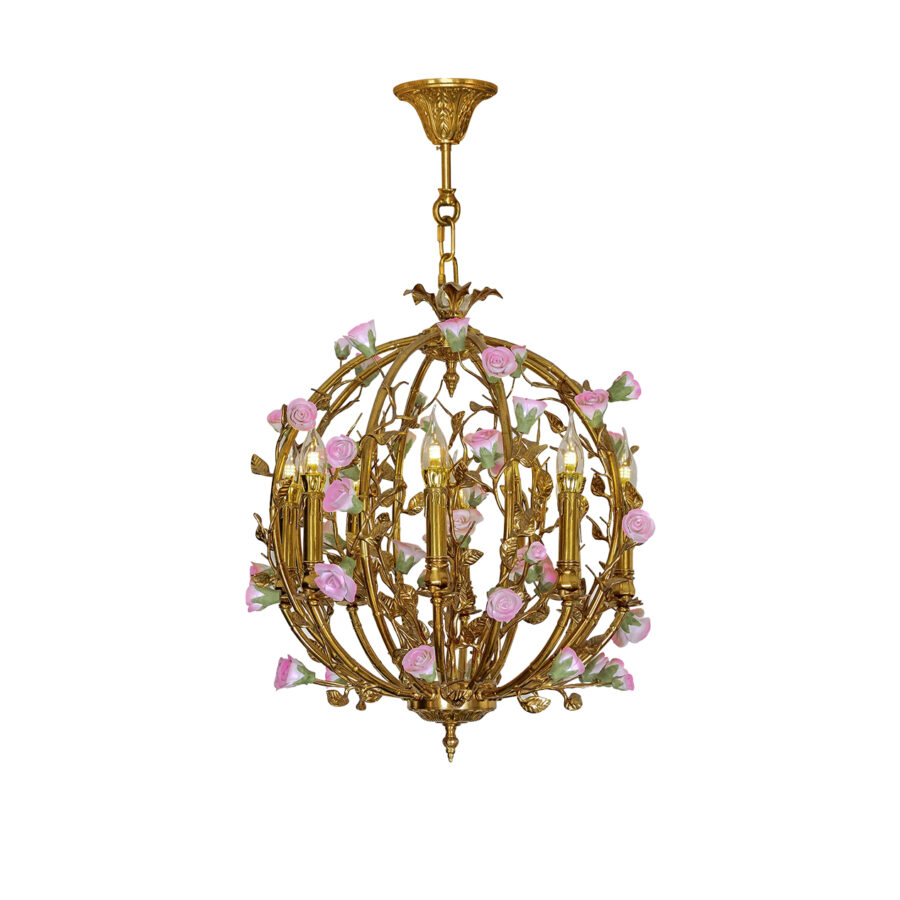 Emeline Floral Elegance 8-Light Pendant in Brass with Ceramic Roses