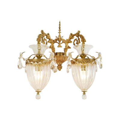 Émilienne Ornate 2-Light Wall Lamp in Brass and Crystal with Glass Shades