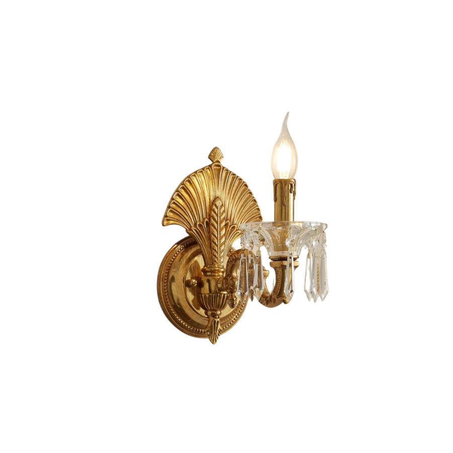 Évangeline Ornate Single-Light Wall Lamp in Brass with Crystal Drops