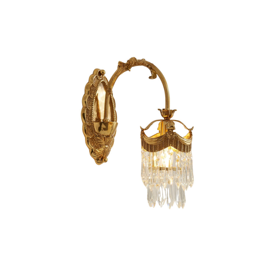 Evangeline Arched 1-Light Wall Lamp in Brass with Dangling Crystals