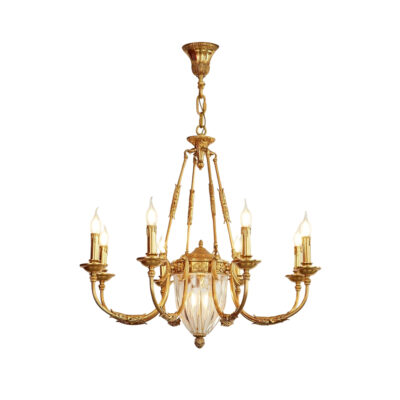 Evelyne Ornate 9-Light Chandelier in Brass and Glass Core