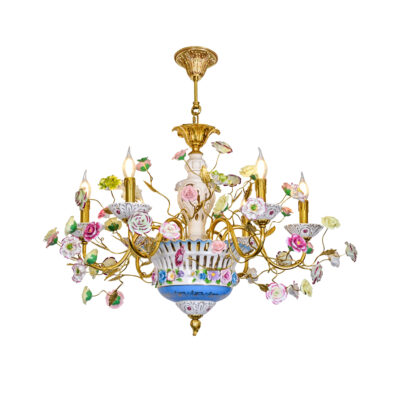 Fiammetta Floral Chandelier with 6 Lights in Brass with Ceramics and Pink Roses, Blue Highlights