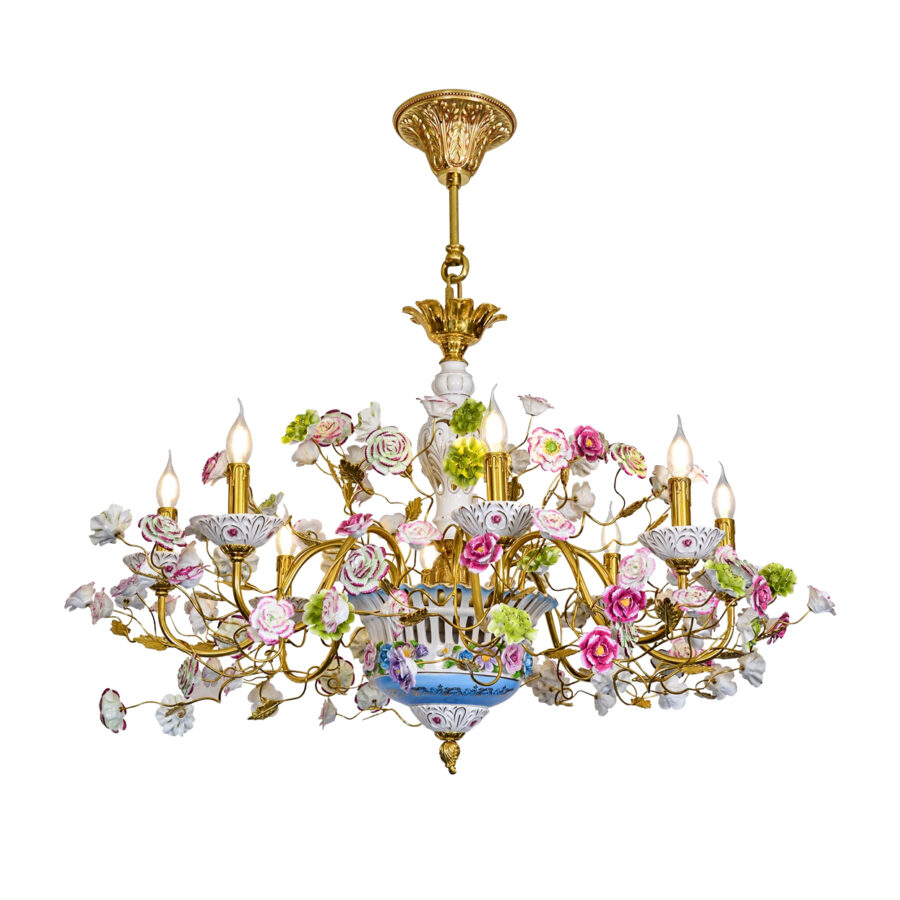 Fiammetta Floral 8-Light Chandelier in Brass with Pink Roses and Blue Highlights