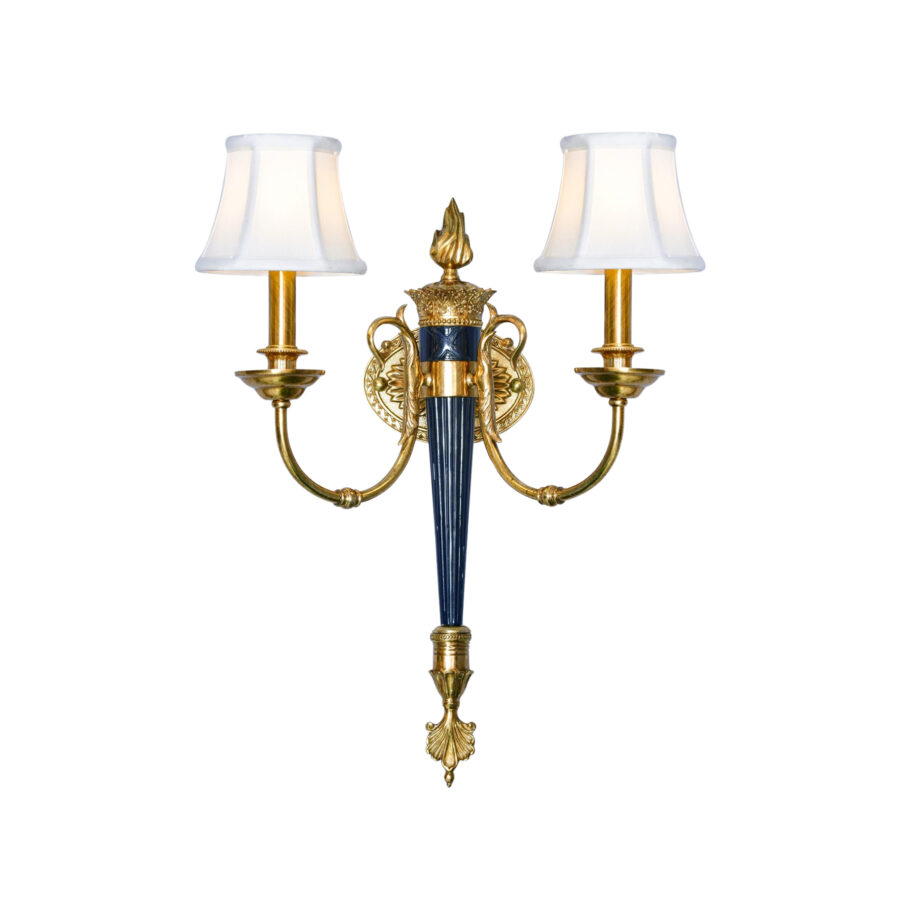 Florienne Elegant Dual-Light Wall Lamp in Brass with Blue and White Shades