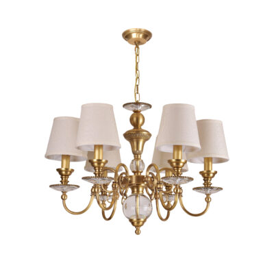 Florine Elegance 6-Light Chandelier with Glass Ball Centre, Crystal Accents, and White Shades in Brass.