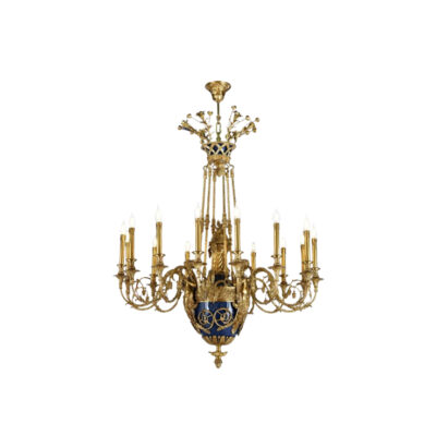 Gabrielle Ornate 15-Light Chandelier in Brass with Blue Highlights and Grilled Paint Steel