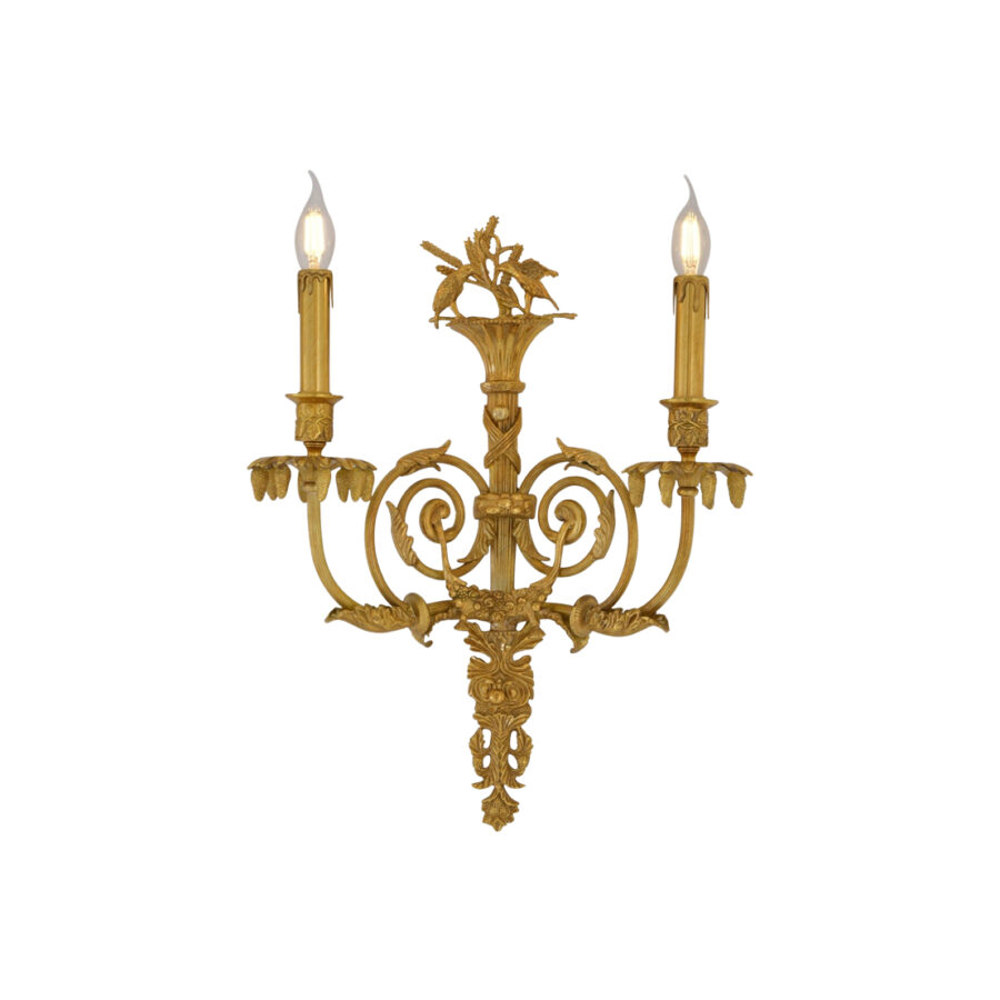 Gene Ornate 2-Light Wall Lamp with Bird Scene and Candle Effect in Brass